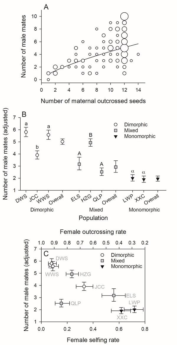 图3. 雄配偶数量的变异及其相关性因素。
